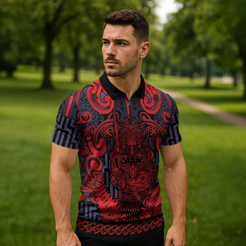 Custom New Zealand Taiaha Maori Zipper Polo Shirt Whero Minimalist Silver Fern Tukutuku Motif