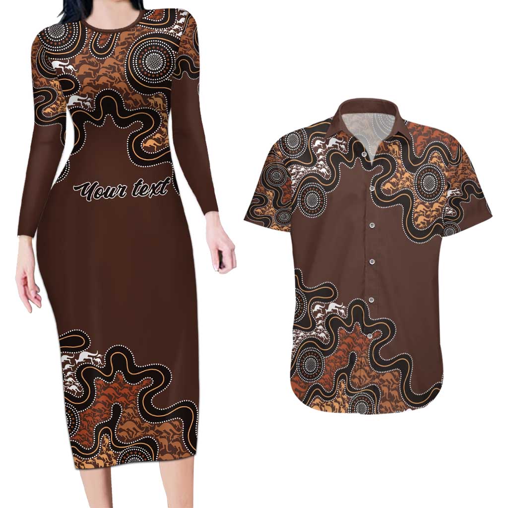 Personalised Aboriginal Art Kangaroo Symbol Couples Matching Long Sleeve Bodycon Dress and Hawaiian Shirt