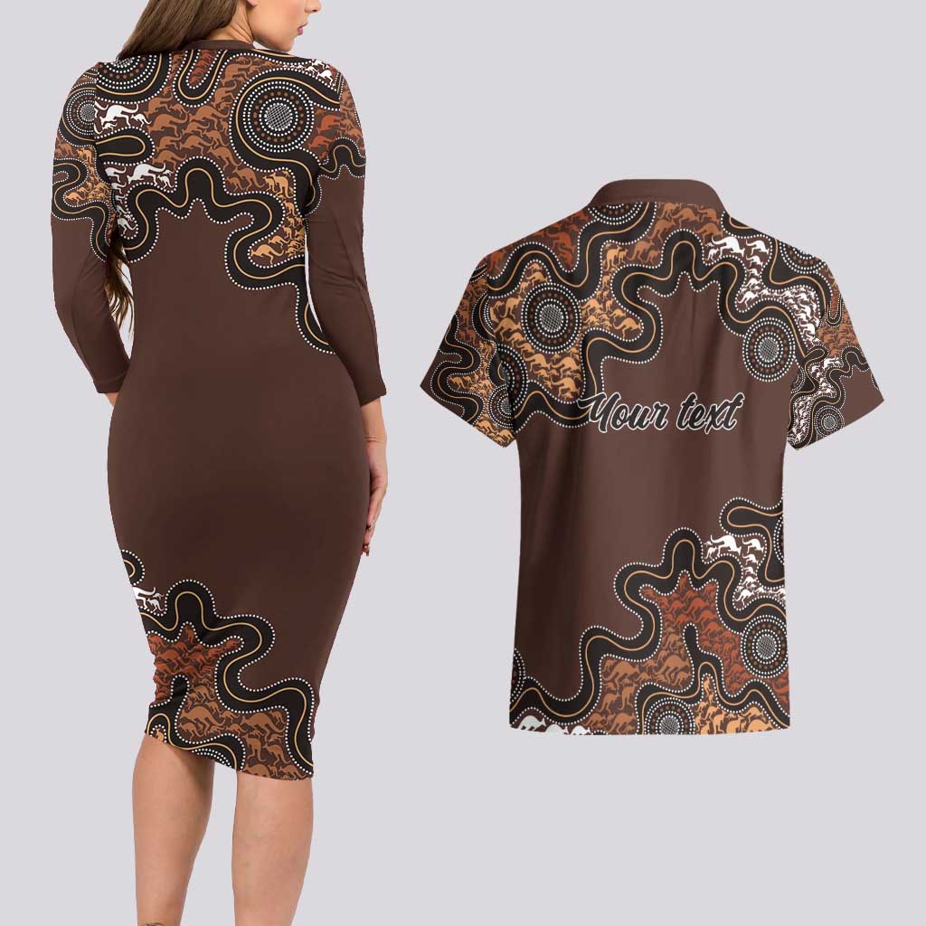 Personalised Aboriginal Art Kangaroo Symbol Couples Matching Long Sleeve Bodycon Dress and Hawaiian Shirt