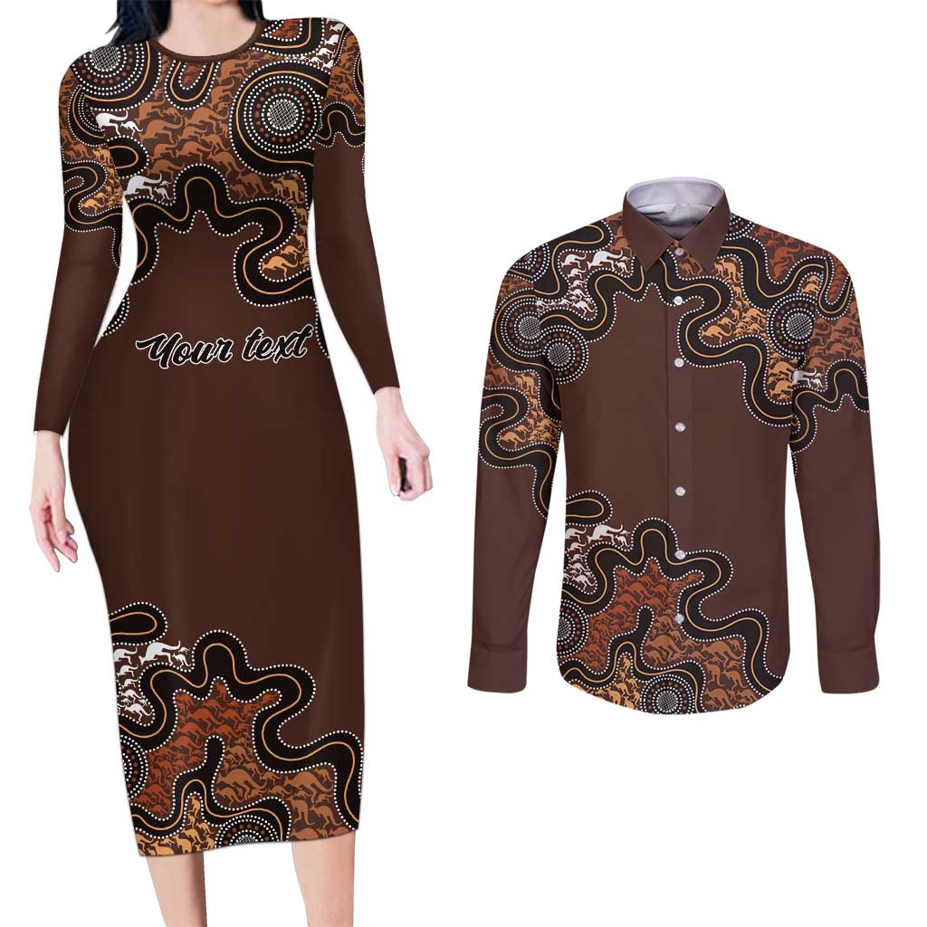Personalised Aboriginal Art Kangaroo Symbol Couples Matching Long Sleeve Bodycon Dress and Long Sleeve Button Shirt