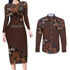 Personalised Aboriginal Art Kangaroo Symbol Couples Matching Long Sleeve Bodycon Dress and Long Sleeve Button Shirt