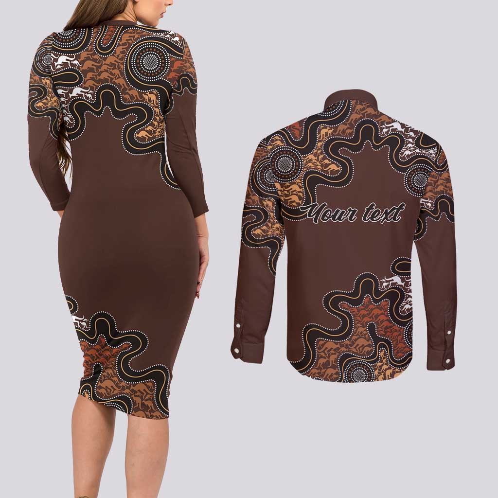 Personalised Aboriginal Art Kangaroo Symbol Couples Matching Long Sleeve Bodycon Dress and Long Sleeve Button Shirt