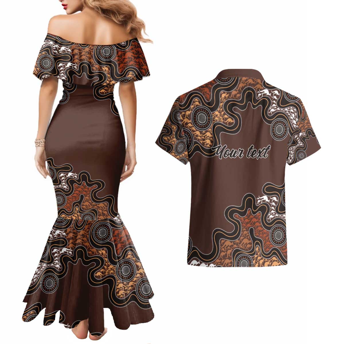 Personalised Aboriginal Art Kangaroo Symbol Couples Matching Mermaid Dress and Hawaiian Shirt
