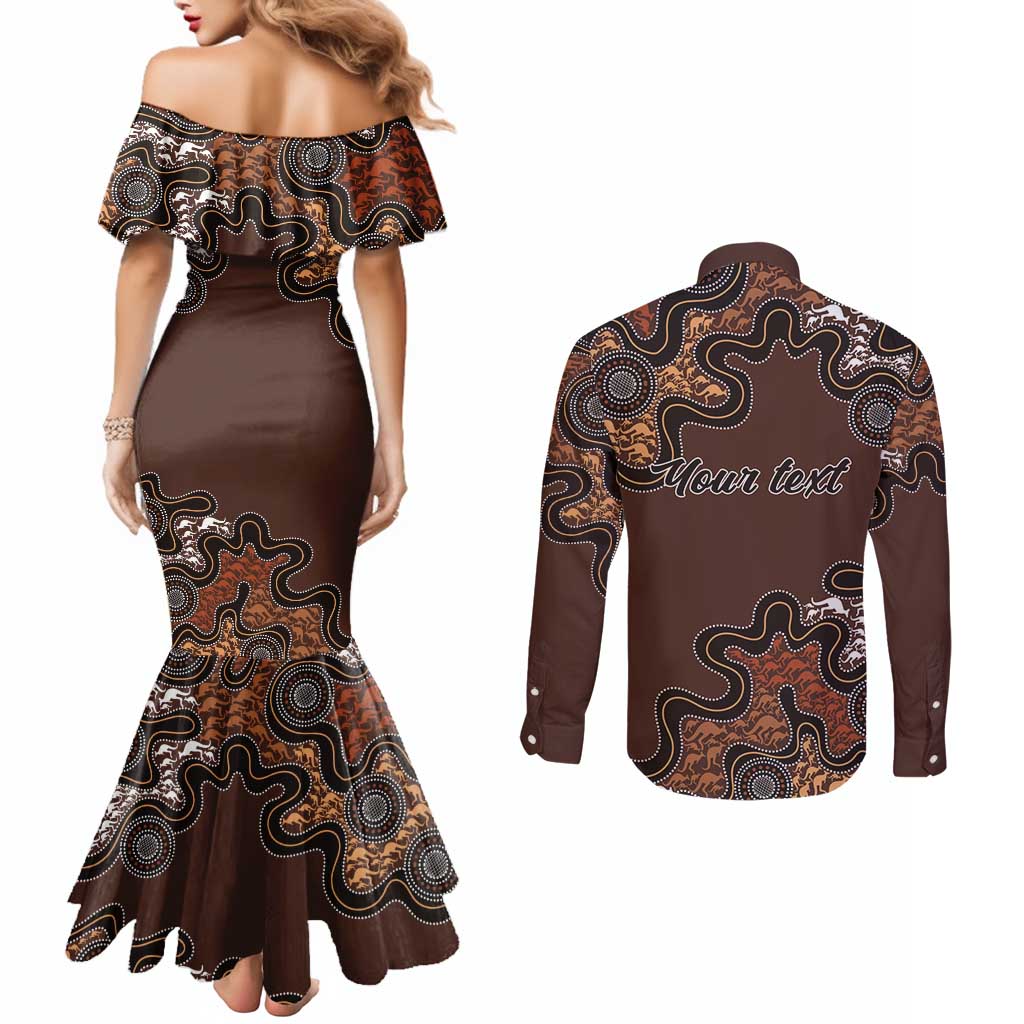 Personalised Aboriginal Art Kangaroo Symbol Couples Matching Mermaid Dress and Long Sleeve Button Shirt