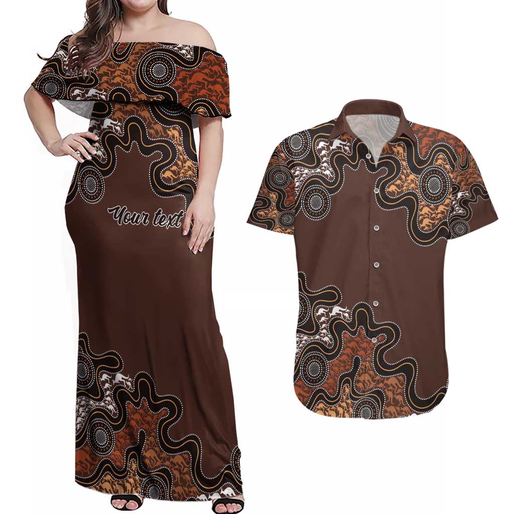 Personalised Aboriginal Art Kangaroo Symbol Couples Matching Off Shoulder Maxi Dress and Hawaiian Shirt
