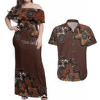 Personalised Aboriginal Art Kangaroo Symbol Couples Matching Off Shoulder Maxi Dress and Hawaiian Shirt