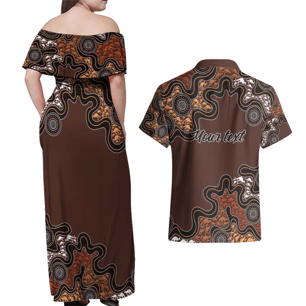 Personalised Aboriginal Art Kangaroo Symbol Couples Matching Off Shoulder Maxi Dress and Hawaiian Shirt