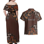 Personalised Aboriginal Art Kangaroo Symbol Couples Matching Off Shoulder Maxi Dress and Hawaiian Shirt
