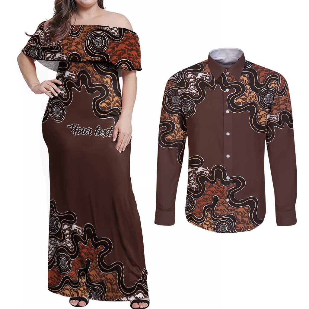 Personalised Aboriginal Art Kangaroo Symbol Couples Matching Off Shoulder Maxi Dress and Long Sleeve Button Shirt