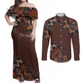 Personalised Aboriginal Art Kangaroo Symbol Couples Matching Off Shoulder Maxi Dress and Long Sleeve Button Shirt