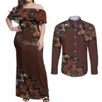Personalised Aboriginal Art Kangaroo Symbol Couples Matching Off Shoulder Maxi Dress and Long Sleeve Button Shirt