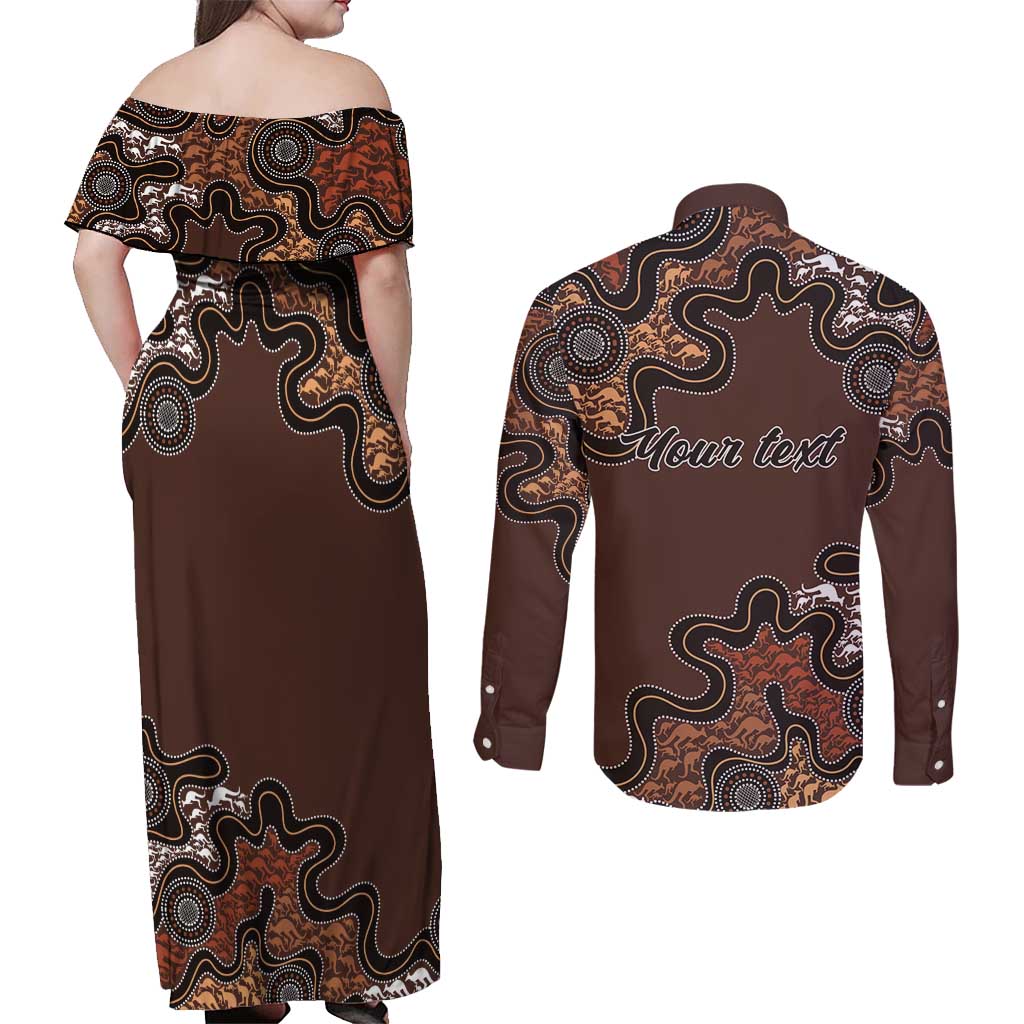 Personalised Aboriginal Art Kangaroo Symbol Couples Matching Off Shoulder Maxi Dress and Long Sleeve Button Shirt