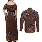 Personalised Aboriginal Art Kangaroo Symbol Couples Matching Off Shoulder Maxi Dress and Long Sleeve Button Shirt