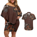 Personalised Aboriginal Art Kangaroo Symbol Couples Matching Off Shoulder Short Dress and Hawaiian Shirt