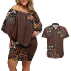 Personalised Aboriginal Art Kangaroo Symbol Couples Matching Off Shoulder Short Dress and Hawaiian Shirt