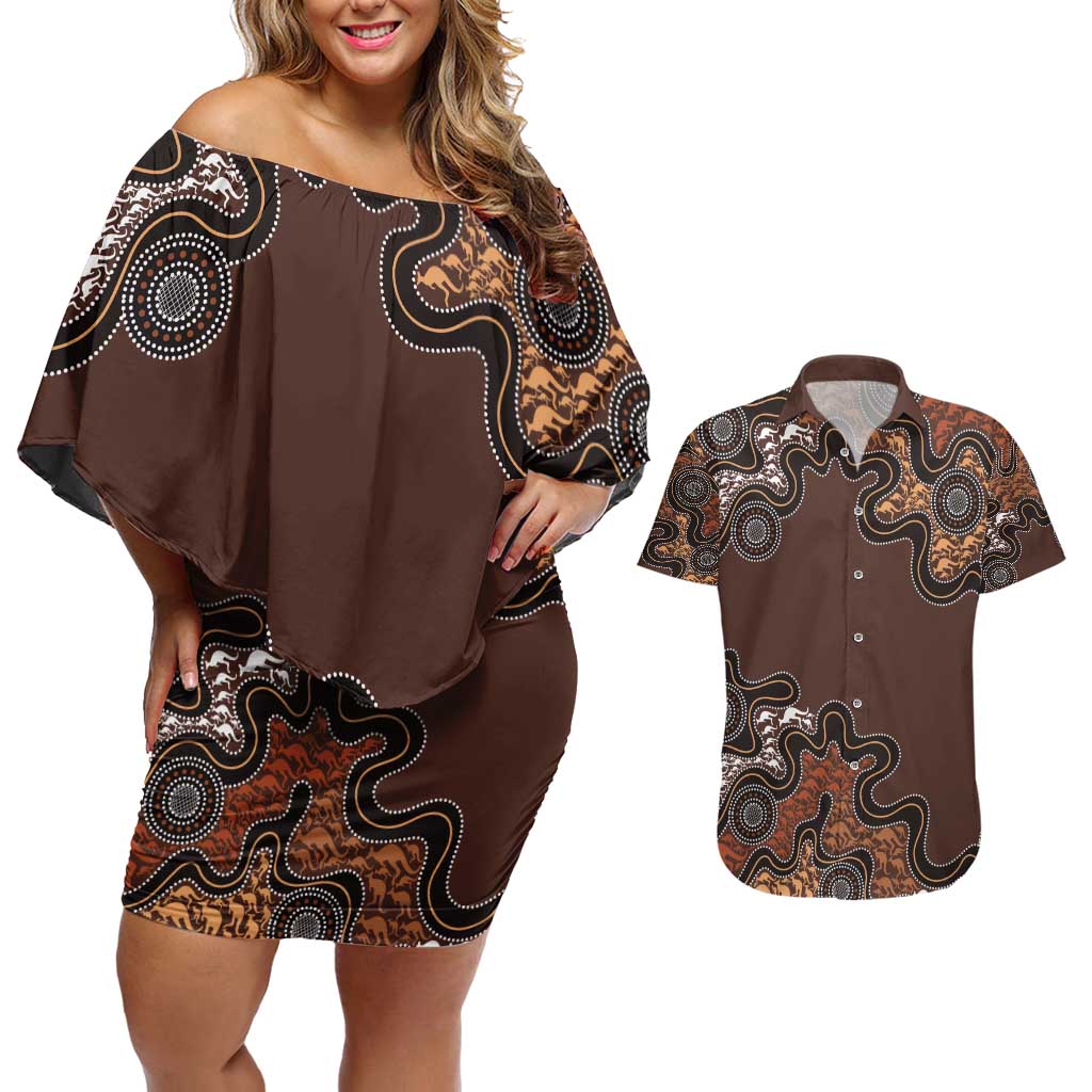 Personalised Aboriginal Art Kangaroo Symbol Couples Matching Off Shoulder Short Dress and Hawaiian Shirt