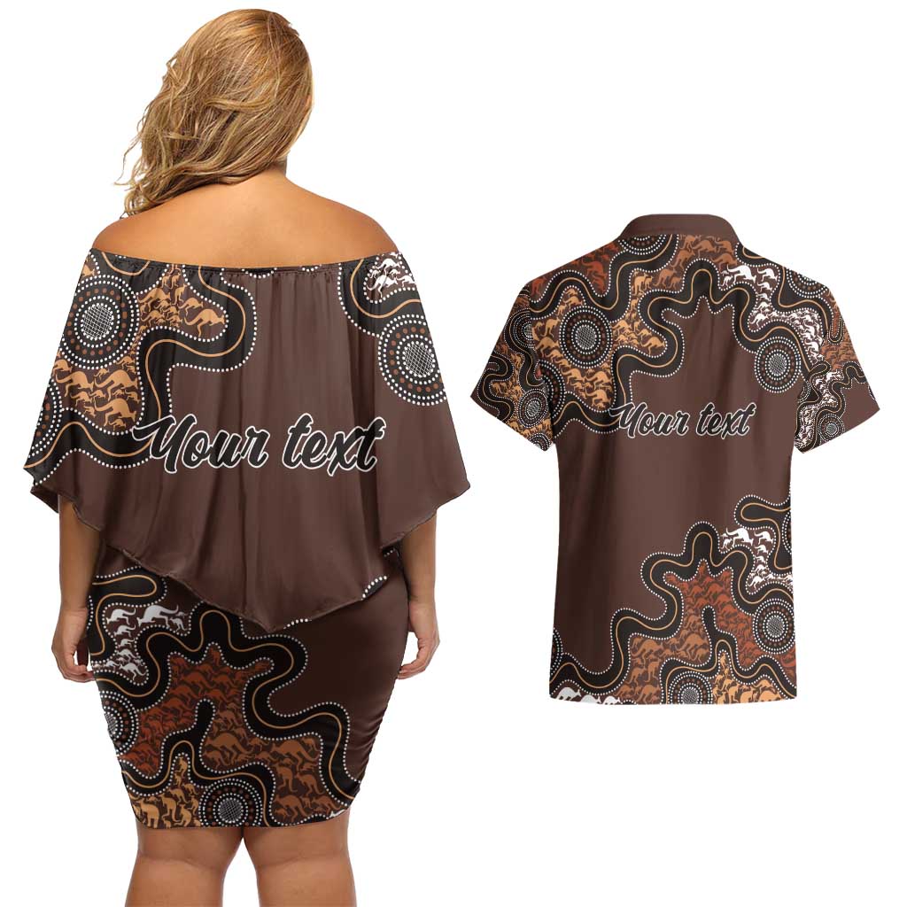 Personalised Aboriginal Art Kangaroo Symbol Couples Matching Off Shoulder Short Dress and Hawaiian Shirt