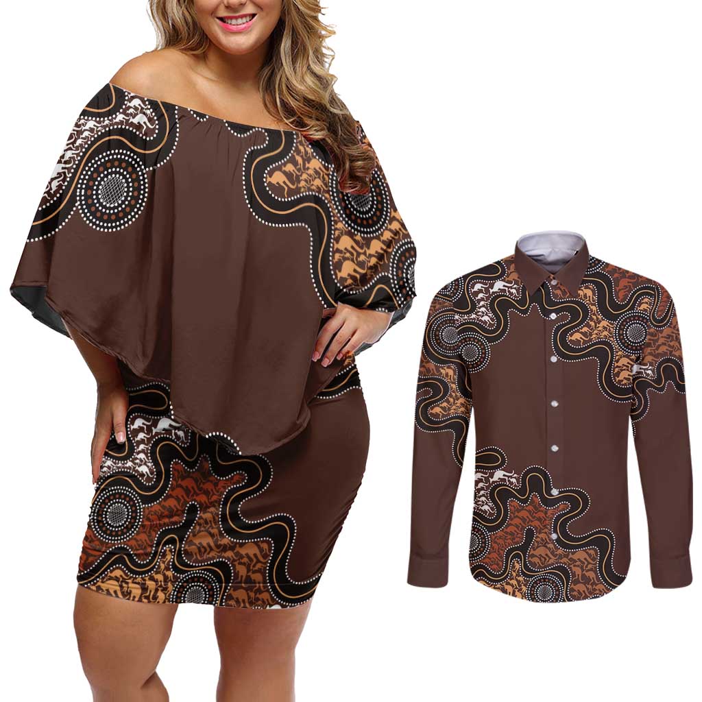 Personalised Aboriginal Art Kangaroo Symbol Couples Matching Off Shoulder Short Dress and Long Sleeve Button Shirt