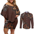 Personalised Aboriginal Art Kangaroo Symbol Couples Matching Off Shoulder Short Dress and Long Sleeve Button Shirt