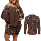 Personalised Aboriginal Art Kangaroo Symbol Couples Matching Off Shoulder Short Dress and Long Sleeve Button Shirt