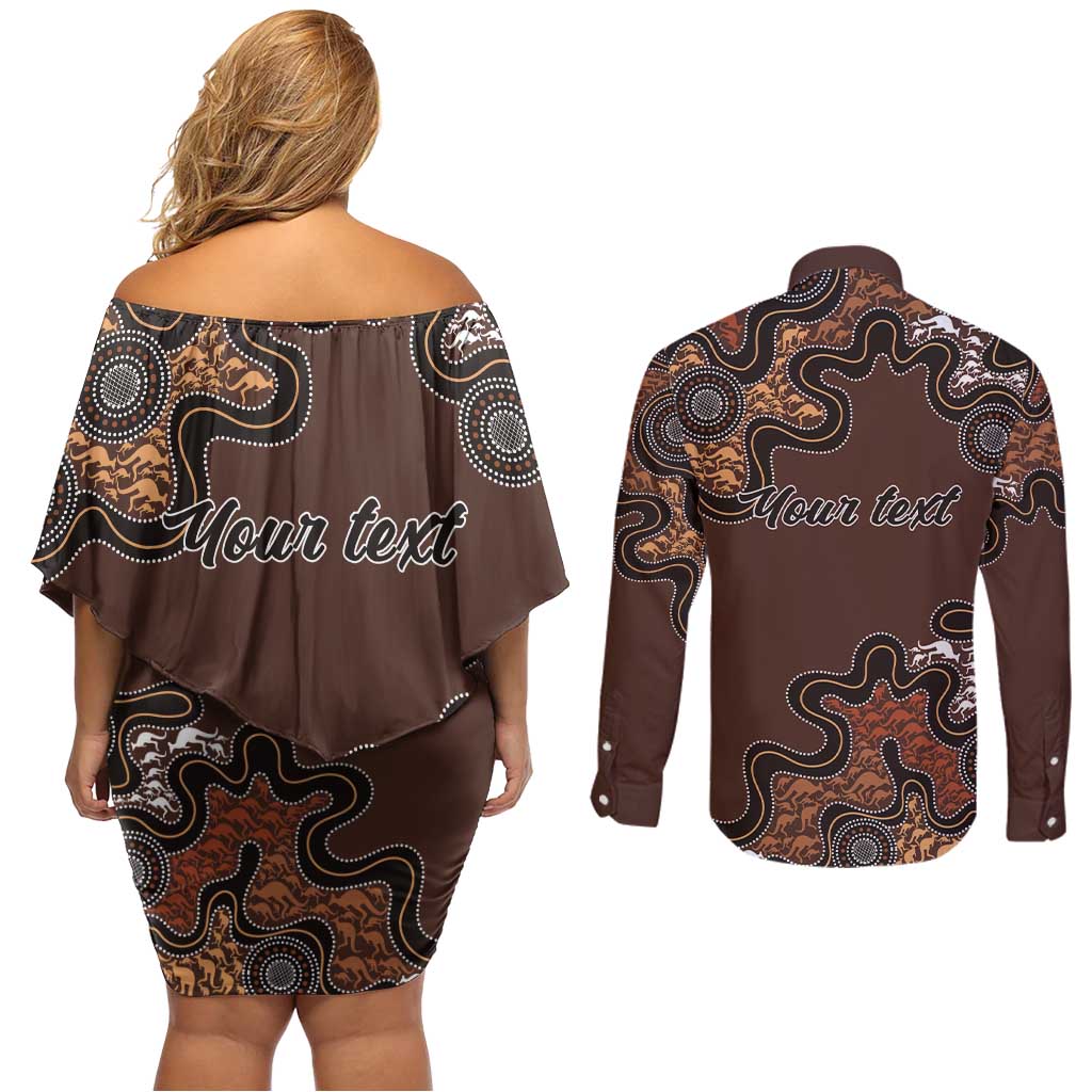 Personalised Aboriginal Art Kangaroo Symbol Couples Matching Off Shoulder Short Dress and Long Sleeve Button Shirt