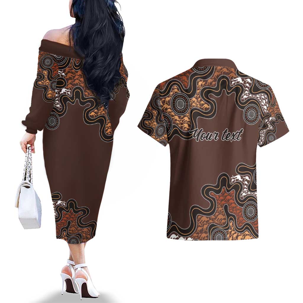 Personalised Aboriginal Art Kangaroo Symbol Couples Matching Off The Shoulder Long Sleeve Dress and Hawaiian Shirt