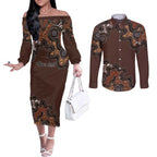 Personalised Aboriginal Art Kangaroo Symbol Couples Matching Off The Shoulder Long Sleeve Dress and Long Sleeve Button Shirt