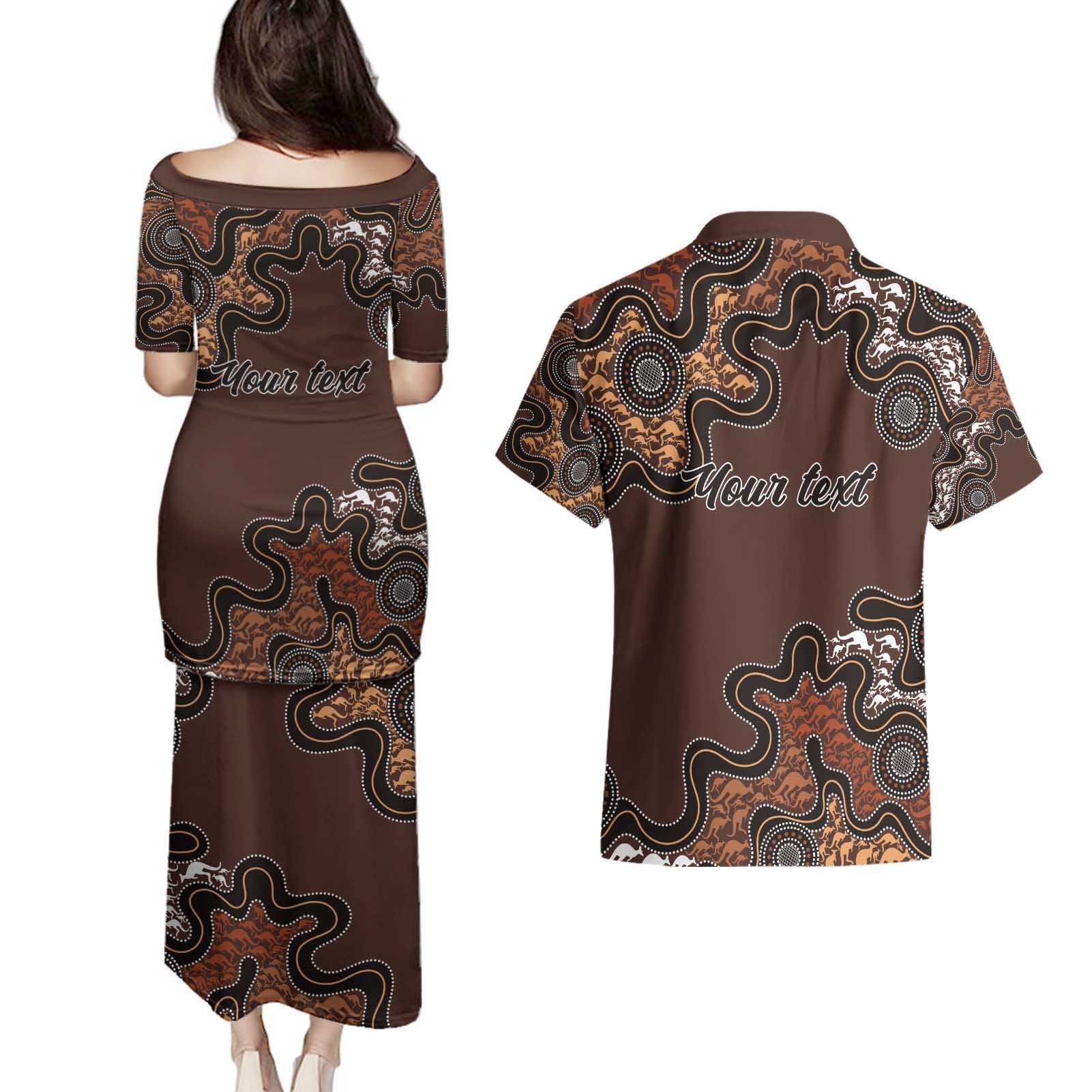 Personalised Aboriginal Art Kangaroo Symbol Couples Matching Puletasi and Hawaiian Shirt