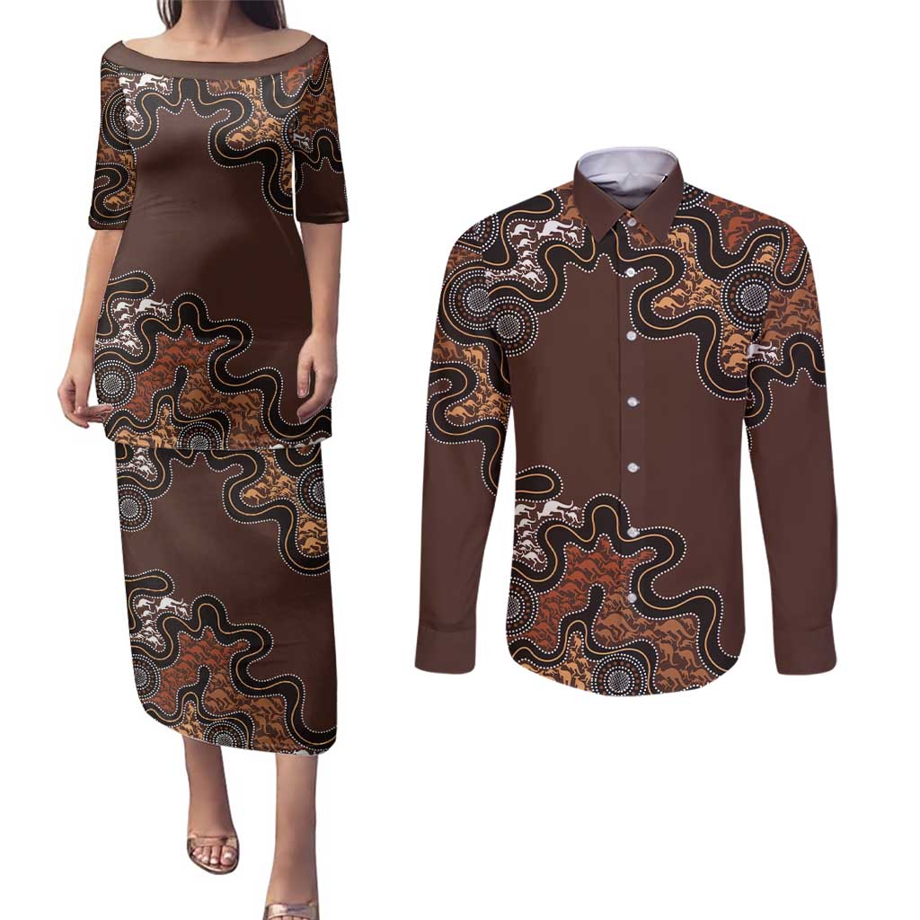 Personalised Aboriginal Art Kangaroo Symbol Couples Matching Puletasi and Long Sleeve Button Shirt