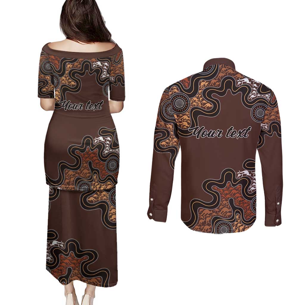 Personalised Aboriginal Art Kangaroo Symbol Couples Matching Puletasi and Long Sleeve Button Shirt