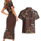 Personalised Aboriginal Art Kangaroo Symbol Couples Matching Short Sleeve Bodycon Dress and Hawaiian Shirt