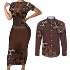 Personalised Aboriginal Art Kangaroo Symbol Couples Matching Short Sleeve Bodycon Dress and Long Sleeve Button Shirt