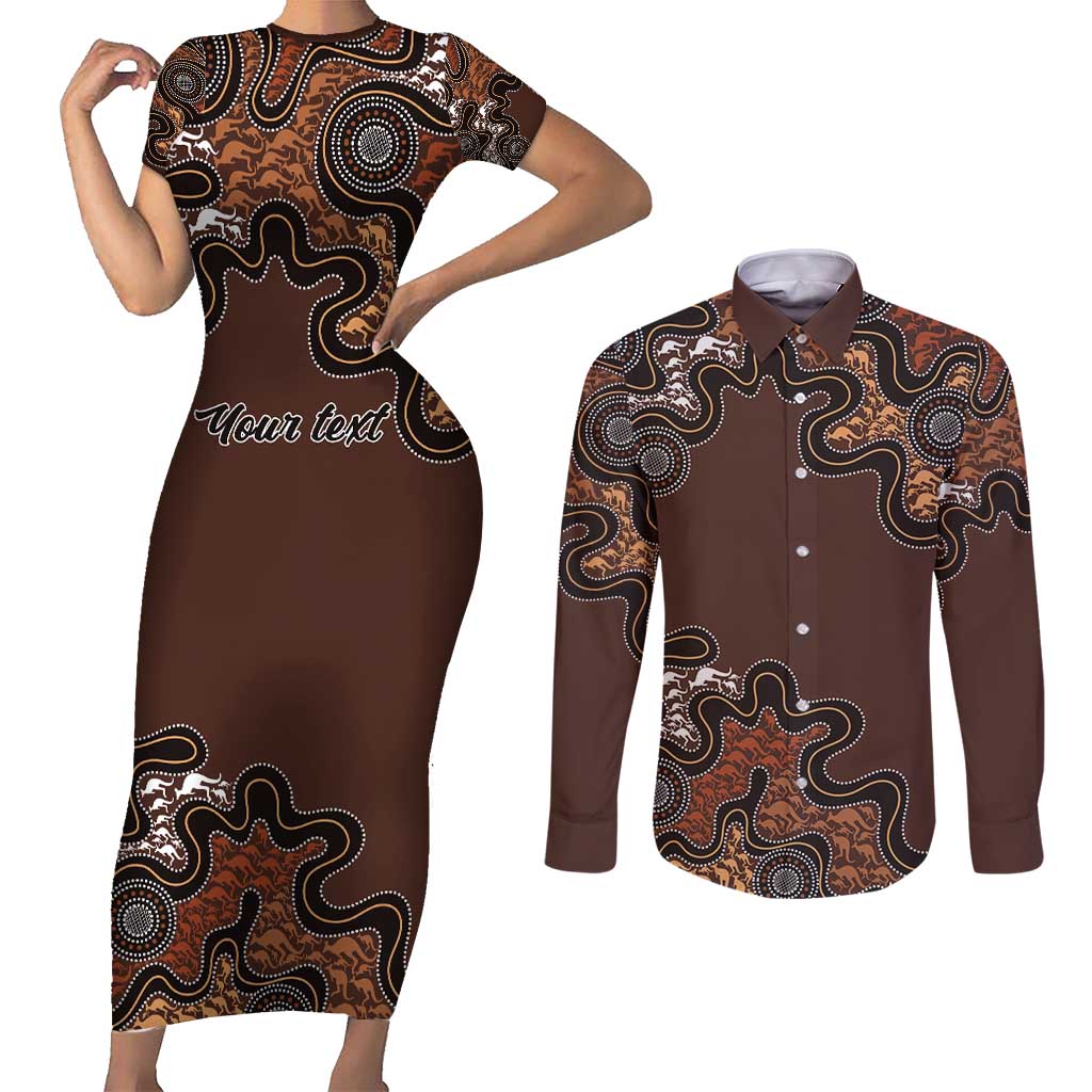 Personalised Aboriginal Art Kangaroo Symbol Couples Matching Short Sleeve Bodycon Dress and Long Sleeve Button Shirt