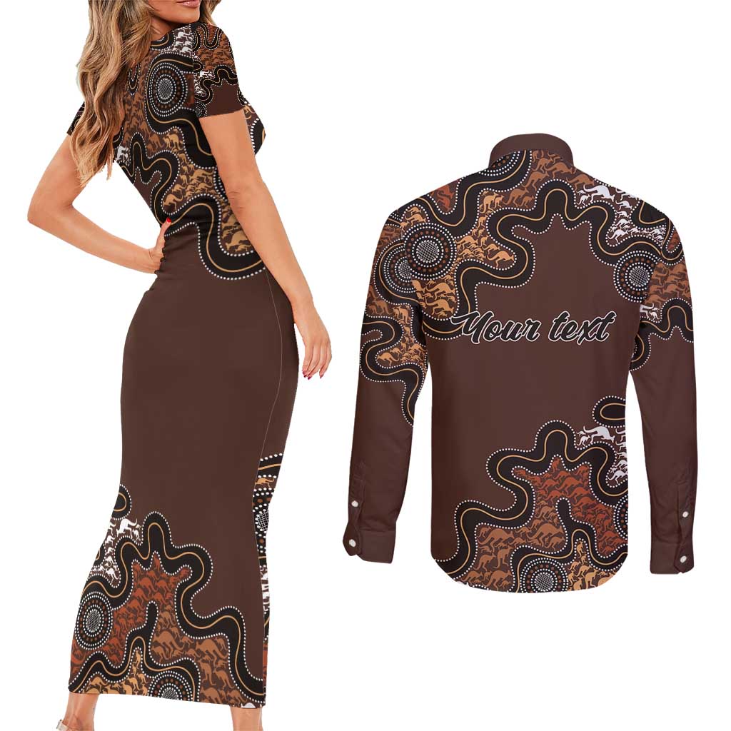 Personalised Aboriginal Art Kangaroo Symbol Couples Matching Short Sleeve Bodycon Dress and Long Sleeve Button Shirt