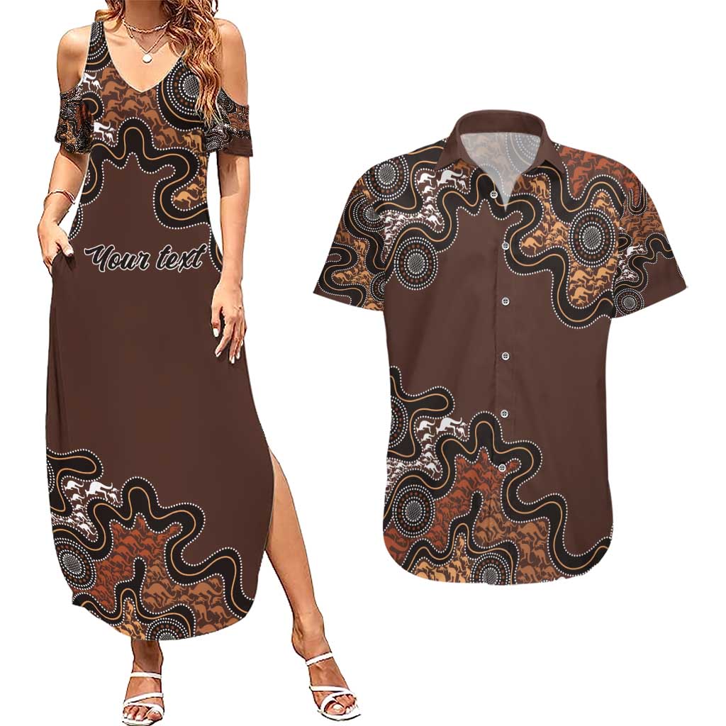 Personalised Aboriginal Art Kangaroo Symbol Couples Matching Summer Maxi Dress and Hawaiian Shirt
