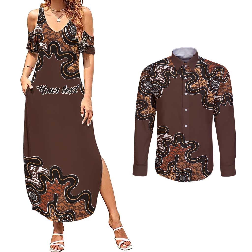 Personalised Aboriginal Art Kangaroo Symbol Couples Matching Summer Maxi Dress and Long Sleeve Button Shirt