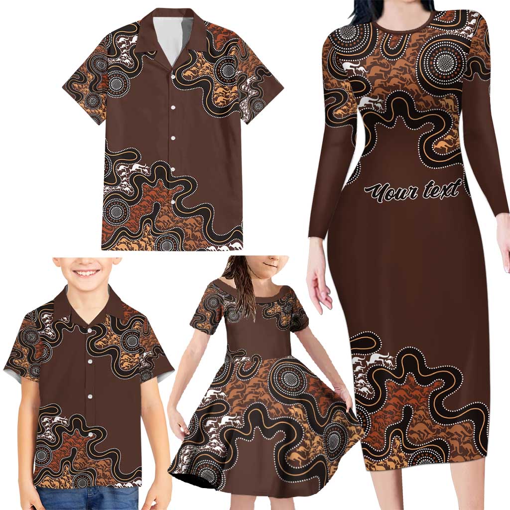 Personalised Aboriginal Art Kangaroo Symbol Family Matching Long Sleeve Bodycon Dress and Hawaiian Shirt