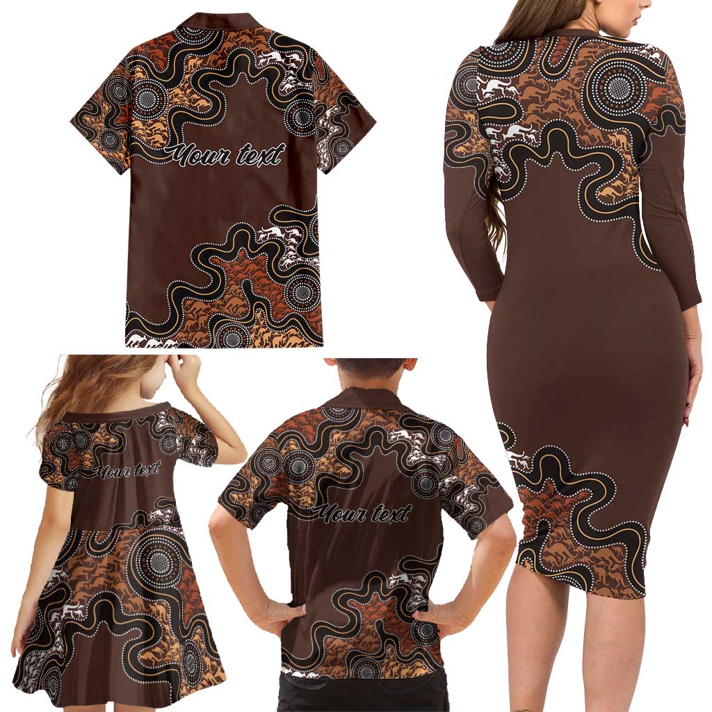 Personalised Aboriginal Art Kangaroo Symbol Family Matching Long Sleeve Bodycon Dress and Hawaiian Shirt