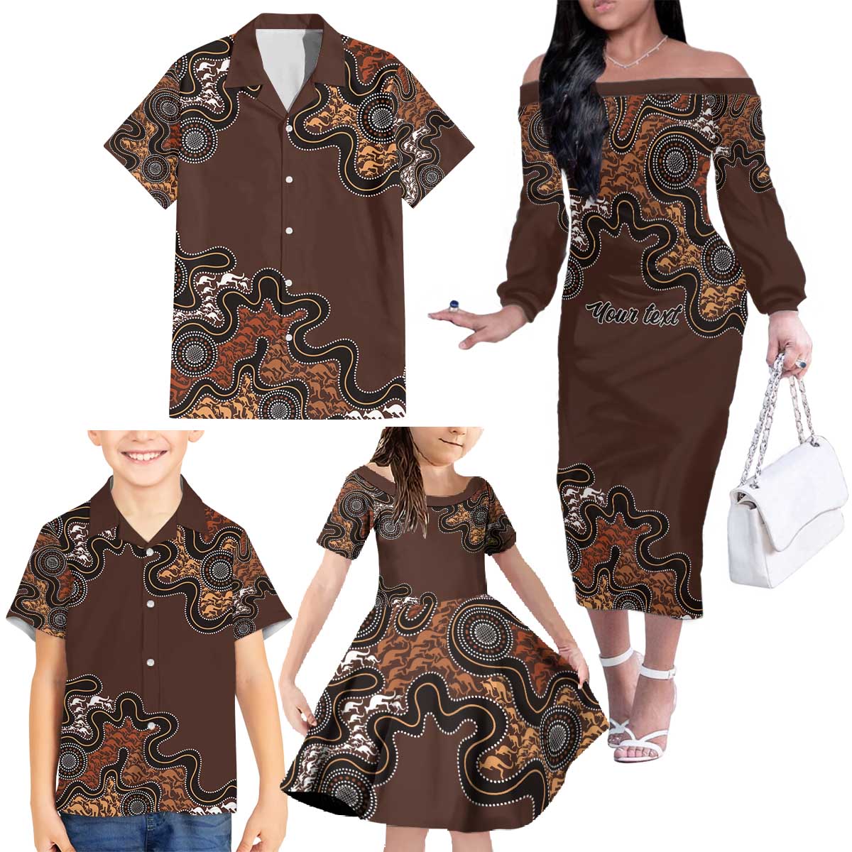 Personalised Aboriginal Art Kangaroo Symbol Family Matching Off The Shoulder Long Sleeve Dress and Hawaiian Shirt