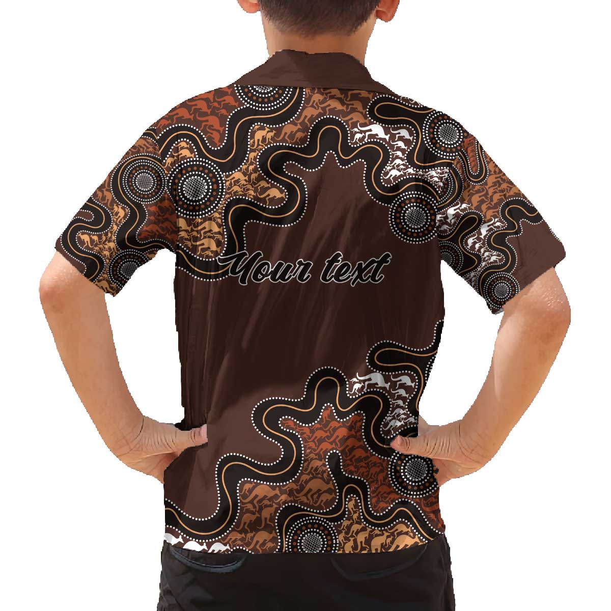 Personalised Aboriginal Art Kangaroo Symbol Family Matching Off The Shoulder Long Sleeve Dress and Hawaiian Shirt