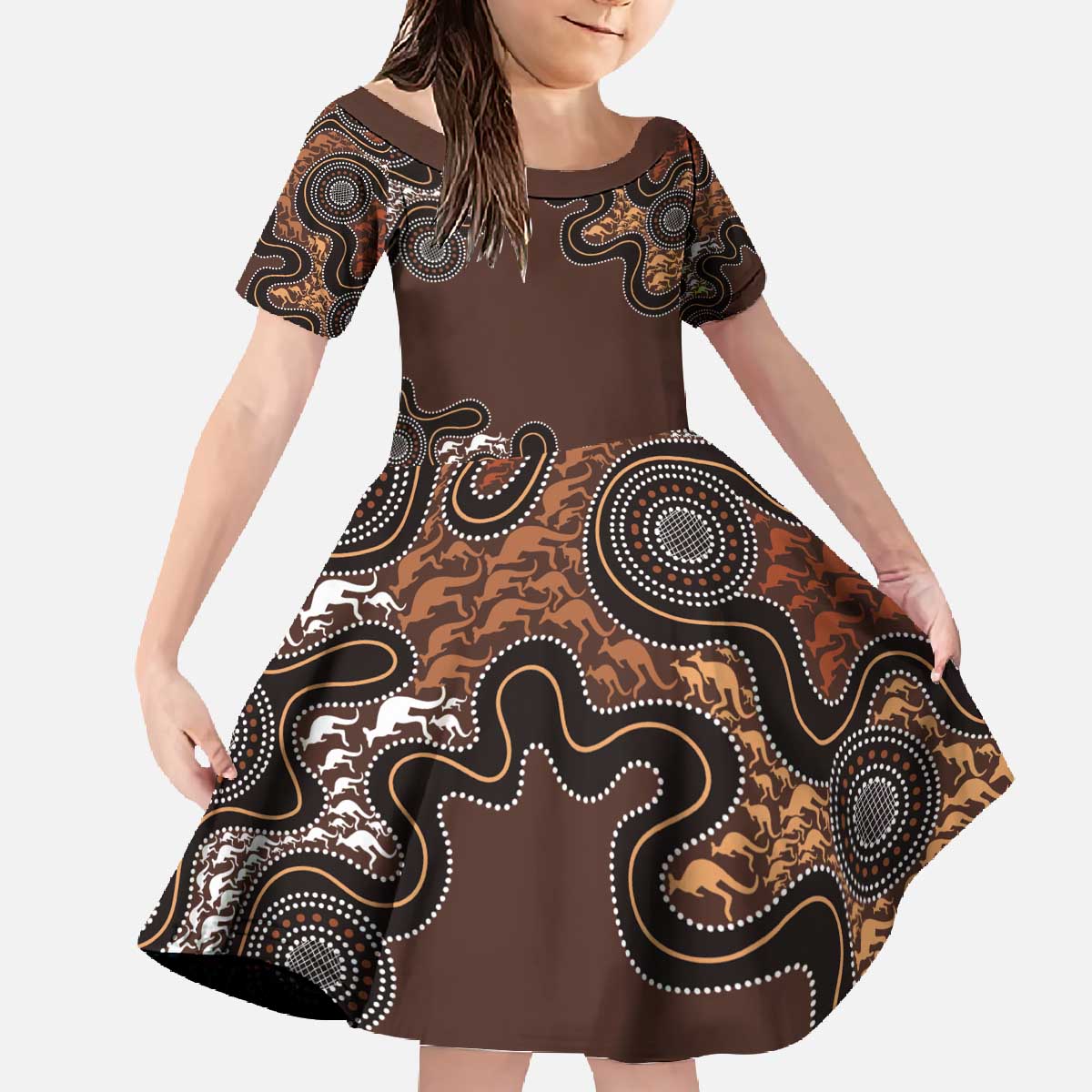 Personalised Aboriginal Art Kangaroo Symbol Family Matching Off The Shoulder Long Sleeve Dress and Hawaiian Shirt