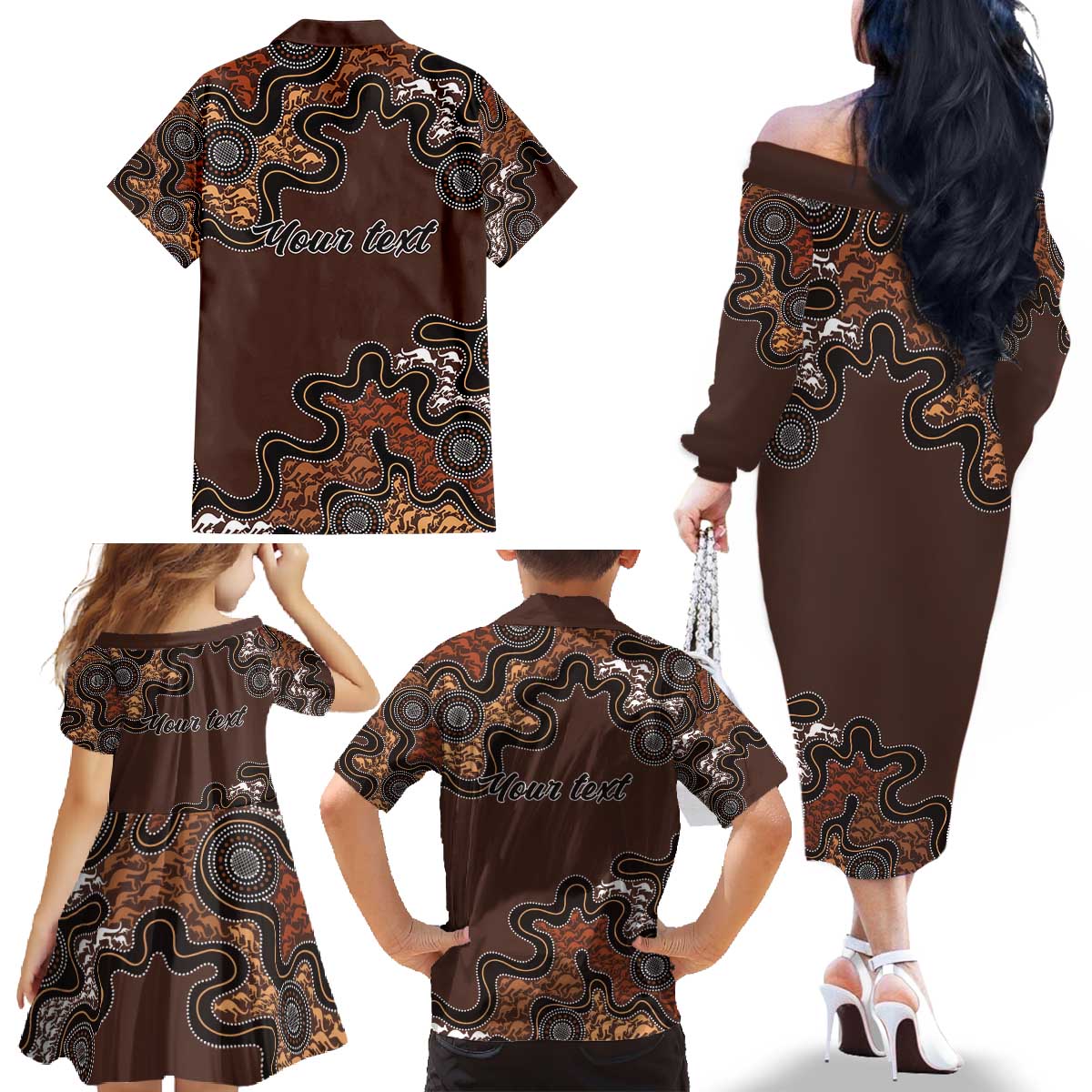 Personalised Aboriginal Art Kangaroo Symbol Family Matching Off The Shoulder Long Sleeve Dress and Hawaiian Shirt