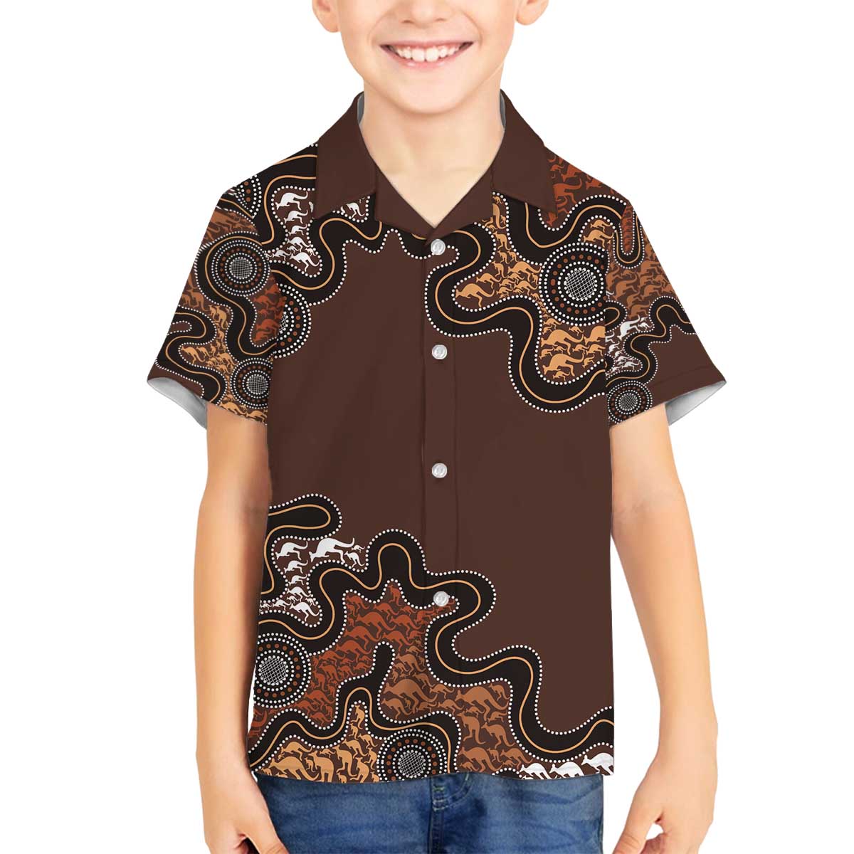 Personalised Aboriginal Art Kangaroo Symbol Family Matching Off The Shoulder Long Sleeve Dress and Hawaiian Shirt