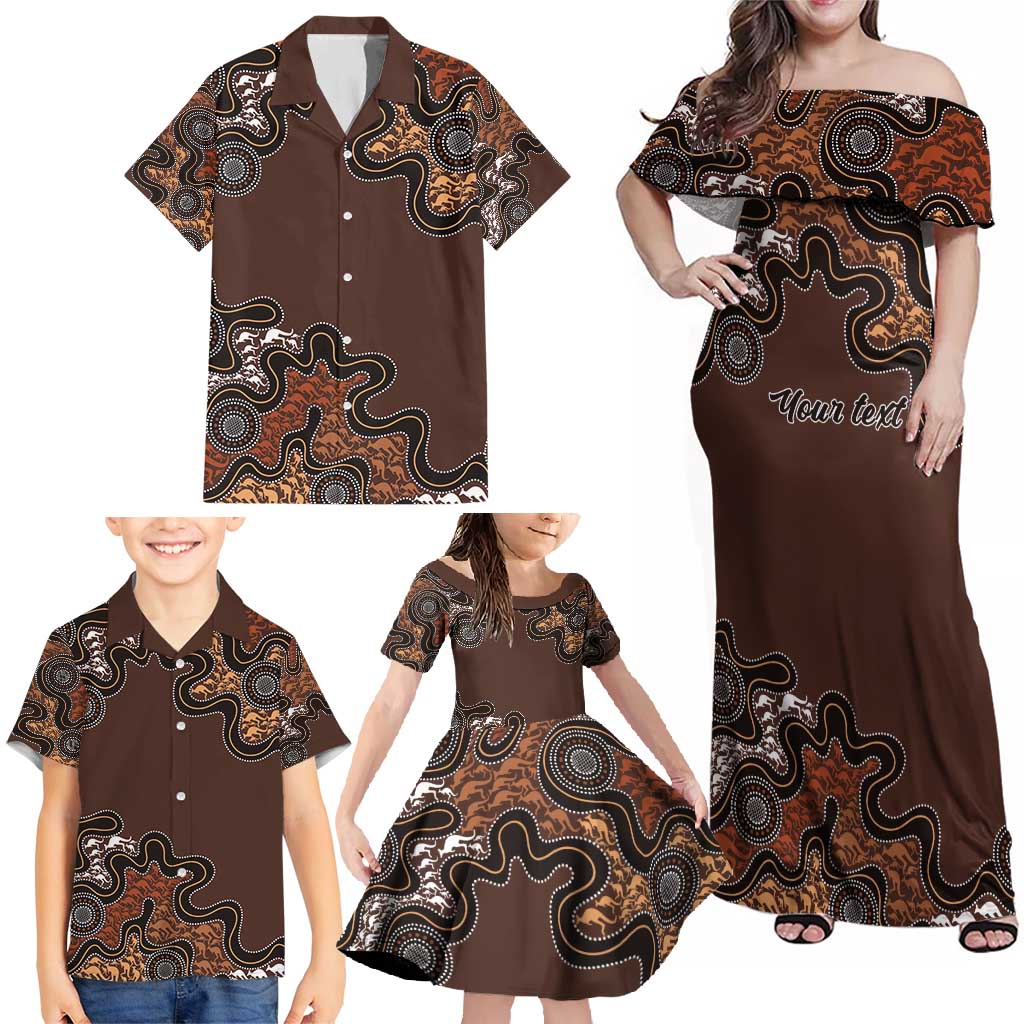 Personalised Aboriginal Art Kangaroo Symbol Family Matching Off Shoulder Maxi Dress and Hawaiian Shirt