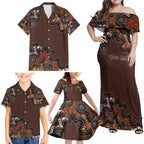 Personalised Aboriginal Art Kangaroo Symbol Family Matching Off Shoulder Maxi Dress and Hawaiian Shirt