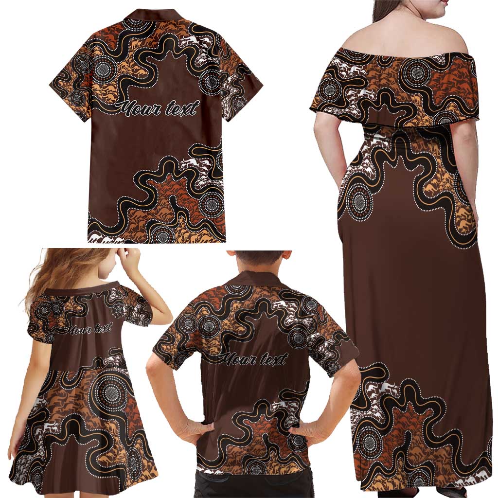 Personalised Aboriginal Art Kangaroo Symbol Family Matching Off Shoulder Maxi Dress and Hawaiian Shirt