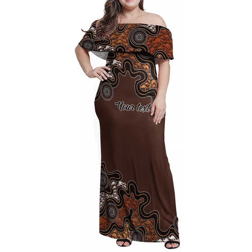 Personalised Aboriginal Art Kangaroo Symbol Family Matching Off Shoulder Maxi Dress and Hawaiian Shirt