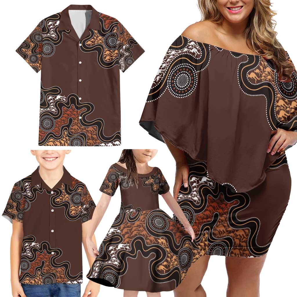 Personalised Aboriginal Art Kangaroo Symbol Family Matching Off Shoulder Short Dress and Hawaiian Shirt