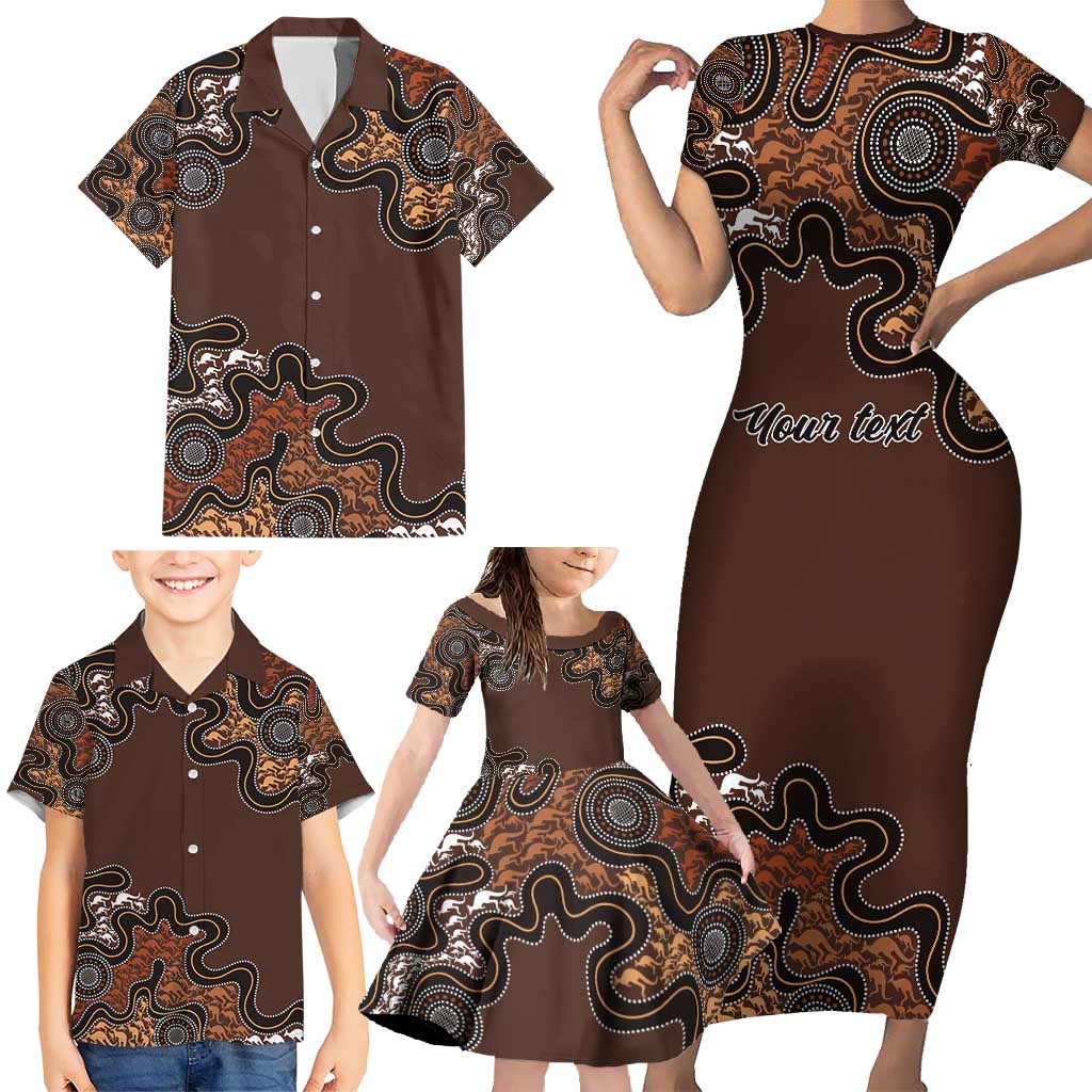 Personalised Aboriginal Art Kangaroo Symbol Family Matching Short Sleeve Bodycon Dress and Hawaiian Shirt