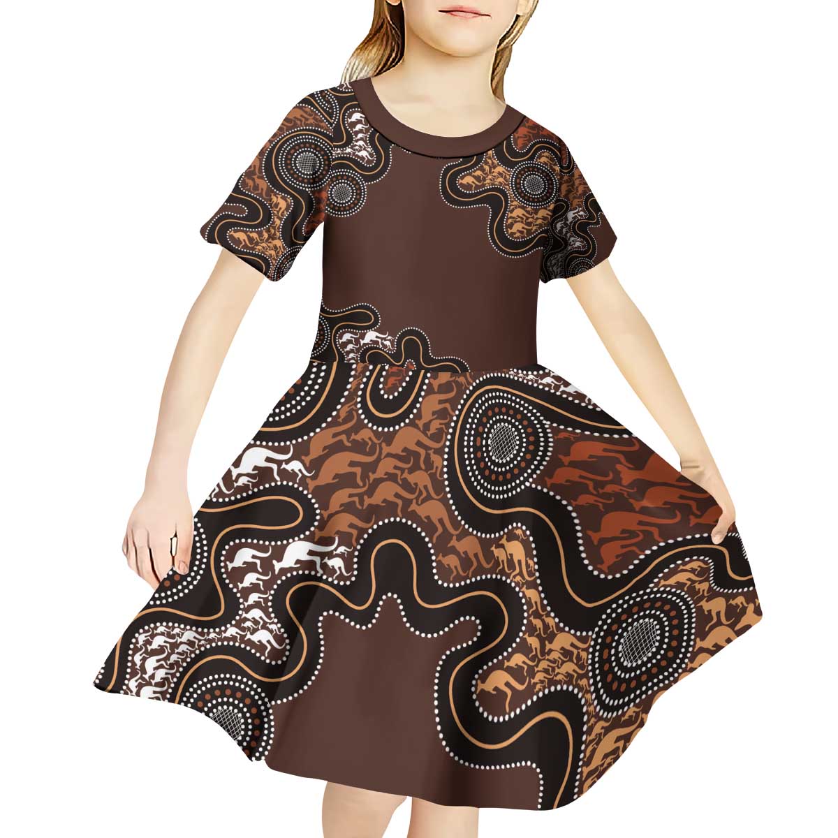 Personalised Aboriginal Art Kangaroo Symbol Kid Short Sleeve Dress
